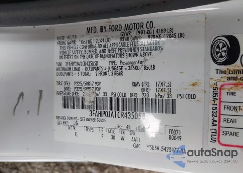 2012 Ford Fusion Sel from USA, damaged, VIN 3FAHP0JA1CR435058